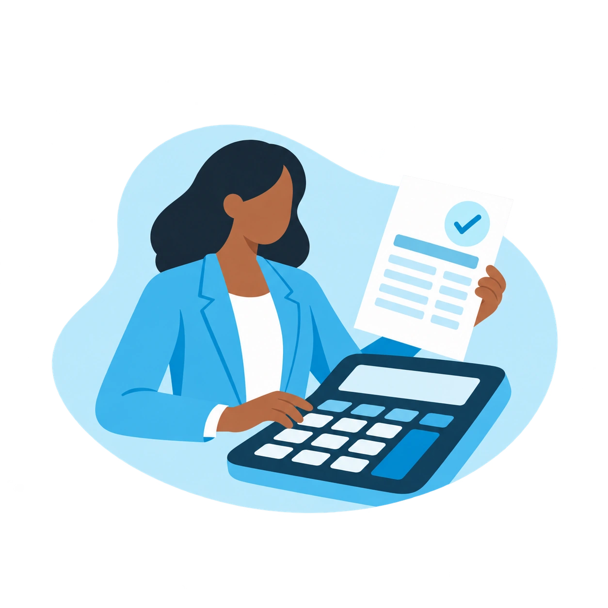 Une experte-comptable contrôle les éléments de paie avec une calculatrice.