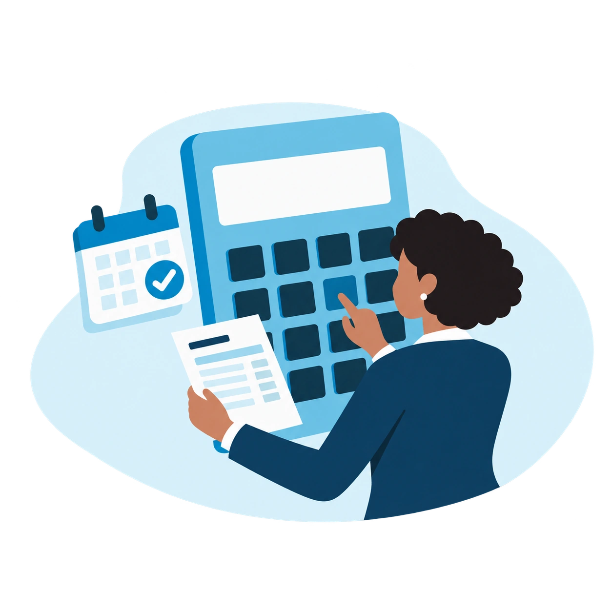 Une gestionnaire de paie utilise une calculatrice et vérifie les données de temps de travail.